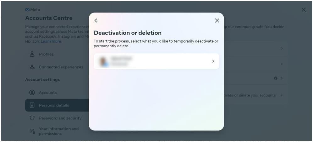 Select the account that you want to delete